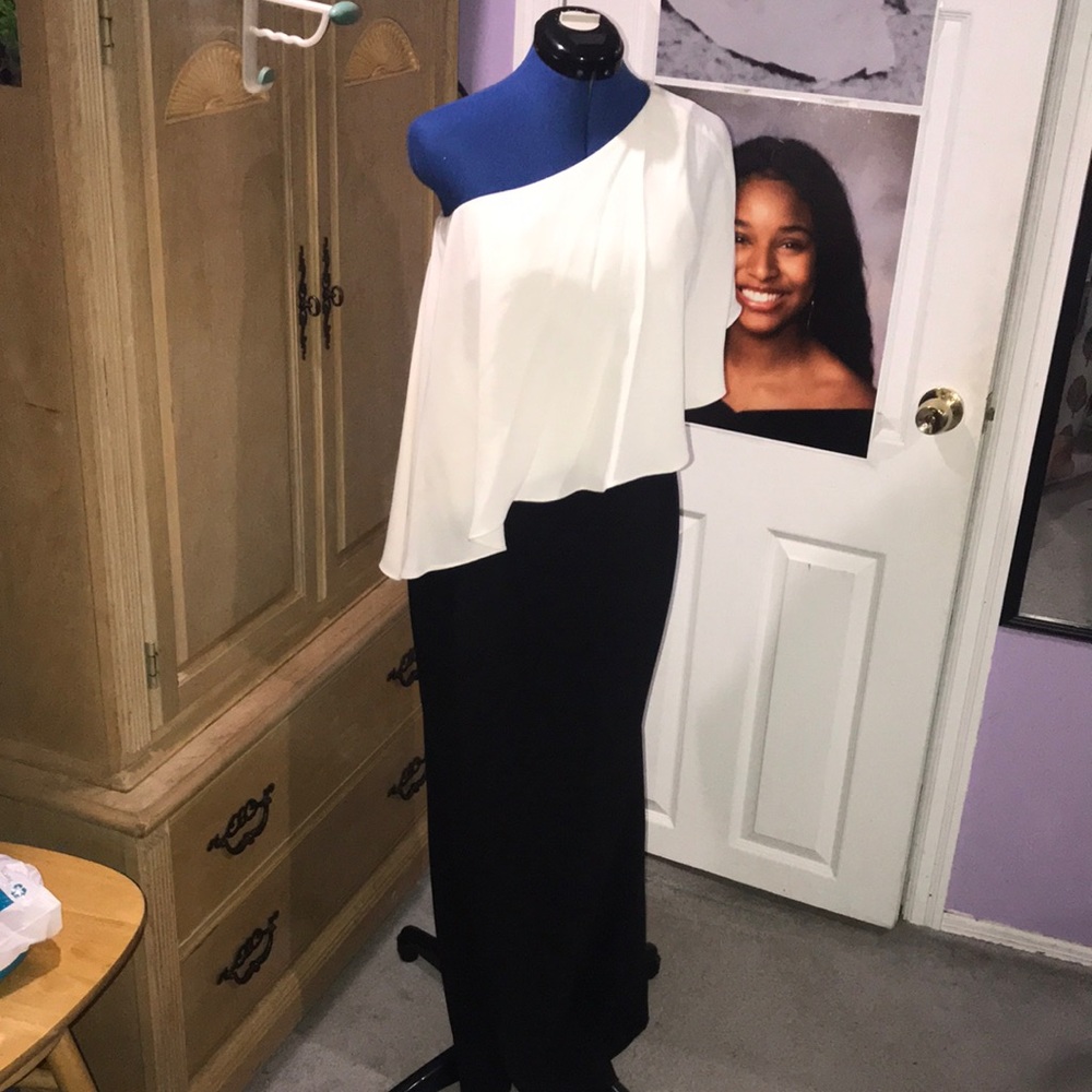 Elegant One-Shoulder Black and White Dress